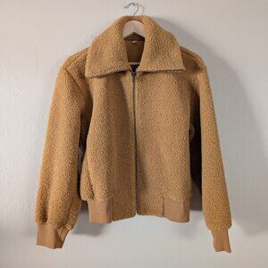 Uniqlo Camel Fleece Lined Teddy Bomber Jacket Cropped Full Zip Collared Women S